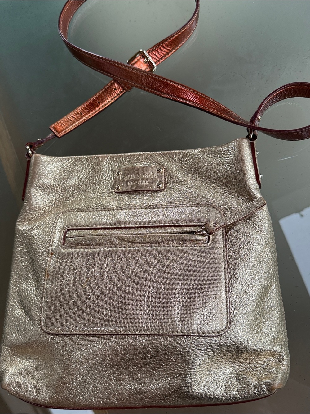 kate spade Metallic Gold Leather Crossbody Bag with Front Zip Pocket